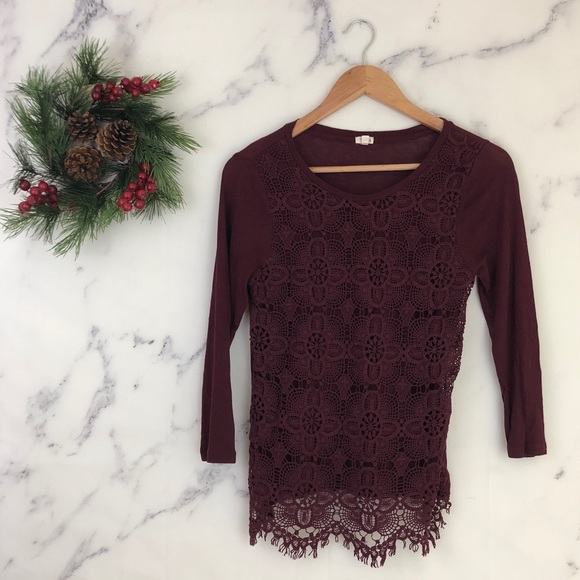J. Crew Tops - J. Crew Crochet Front Tee Shirt in Maroon